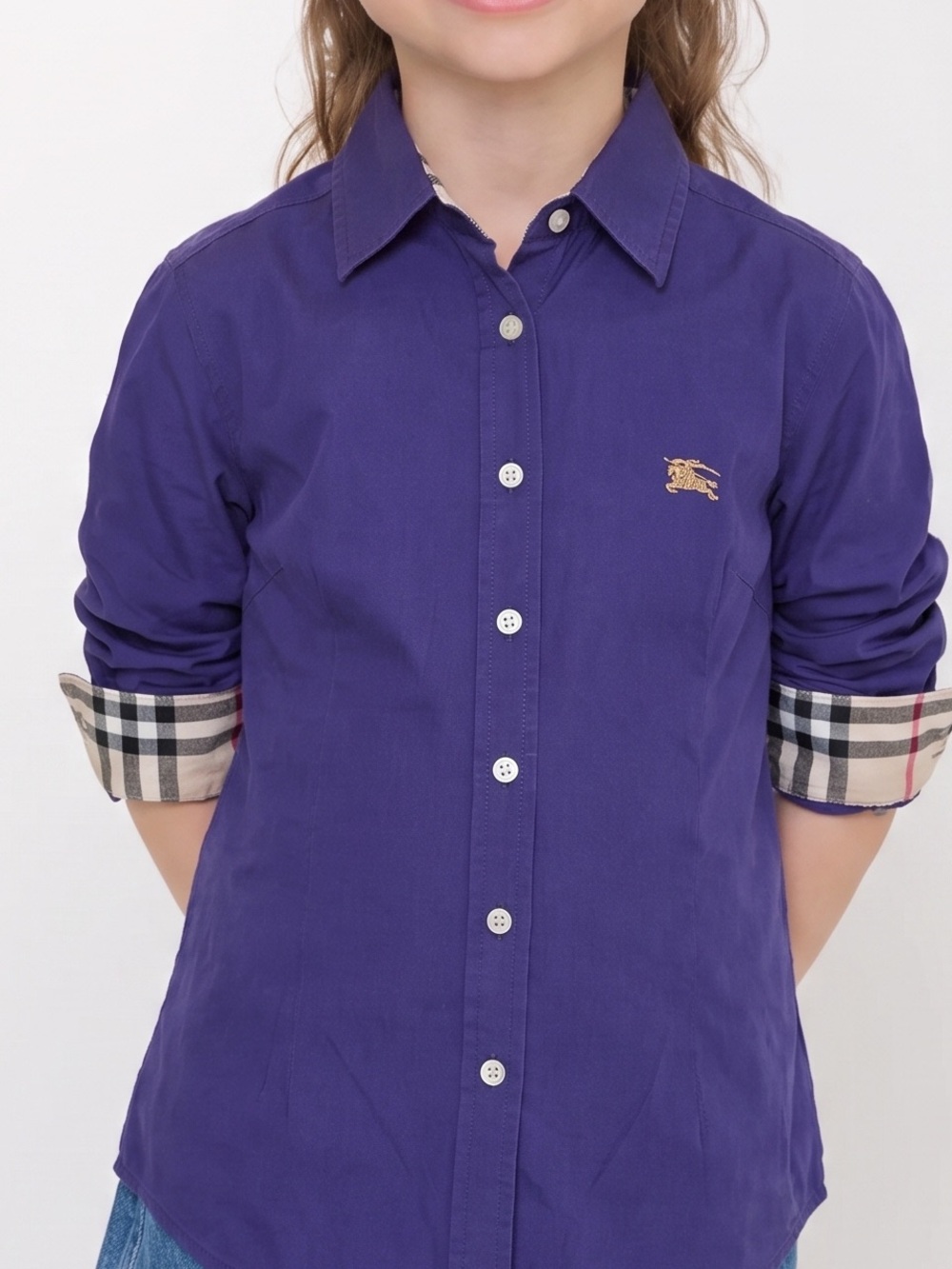 Girl's Burberry Blue Button Down Shirt Nova Check Cuffs Long Sleeve Medium